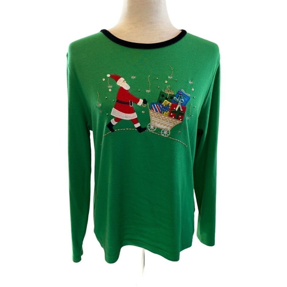 Christmas Novelty T Shirt Sz M Top Green Holiday Sweater Embroidery Beaded Santa